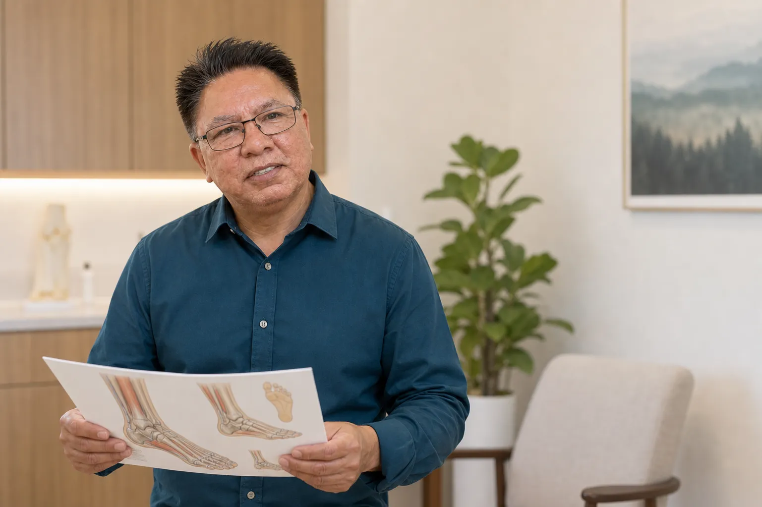 Dr. Richard Mercado reviewing a foot and ankle anatomy chart